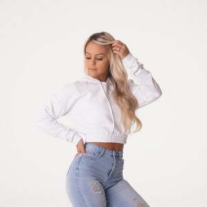 Bluzy Z Kapturem Damskie NVGTN Cozy Vibes Drop Shoulder Cropped Białe | PL713AH