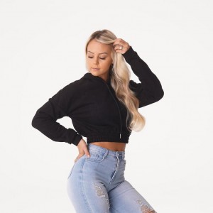 Bluzy Z Kapturem Damskie NVGTN Cozy Vibes Drop Shoulder Cropped Czarne | PL739AH