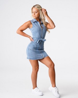 Sukienki Damskie NVGTN Sweet Surprise Denim Mini Głęboka Niebieskie | PL798KO